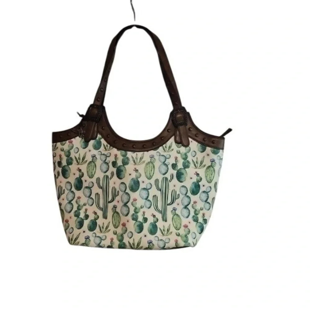 Angel Ranch Cactus‎ Print Tote Bag Brown Faux Leather Studded Western Shoulder